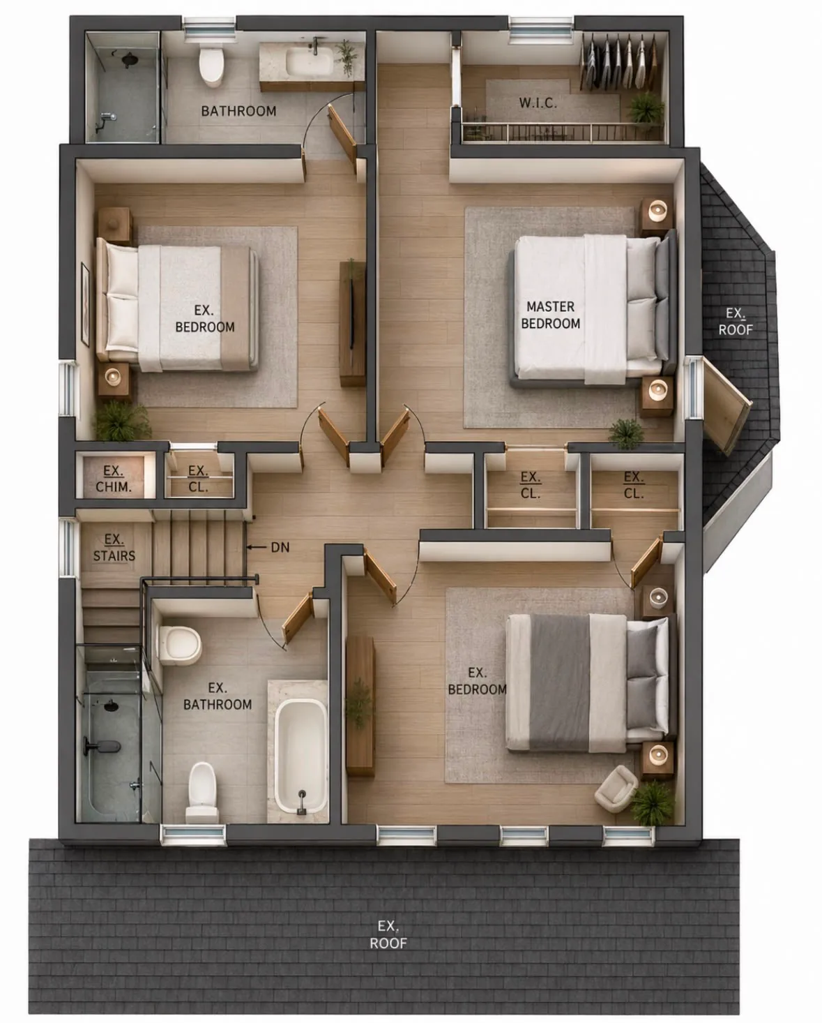 114 Conover Ave Nutley NJ 3D layout of upper level bedrooms and primary suite