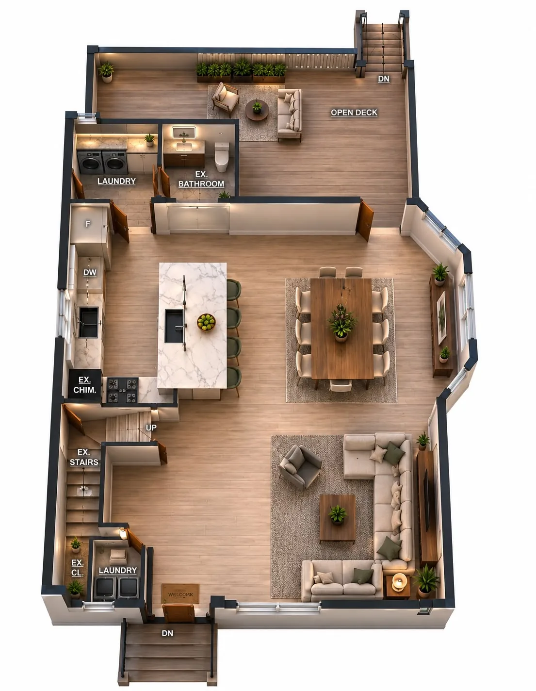 114 Conover Ave Nutley NJ 3D layout of open concept kitchen, living room, and deck