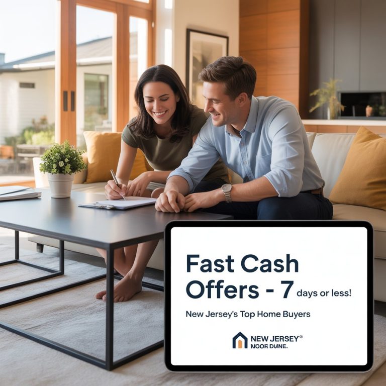 Top and Best Cash Home Buyers in New Jersey (2025) - A lifestyle advertisement showcasing a modern New Jersey homeowner receiving a fast cash offer from a trusted local home buying company