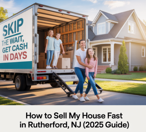 A modern, well-maintained home in Rutherford, NJ, with a "Sold" sign prominently displayed in the front yard, suggesting a quick and successful sale. The image is bright and inviting, conveying a sense of ease and efficiency in the home selling process.